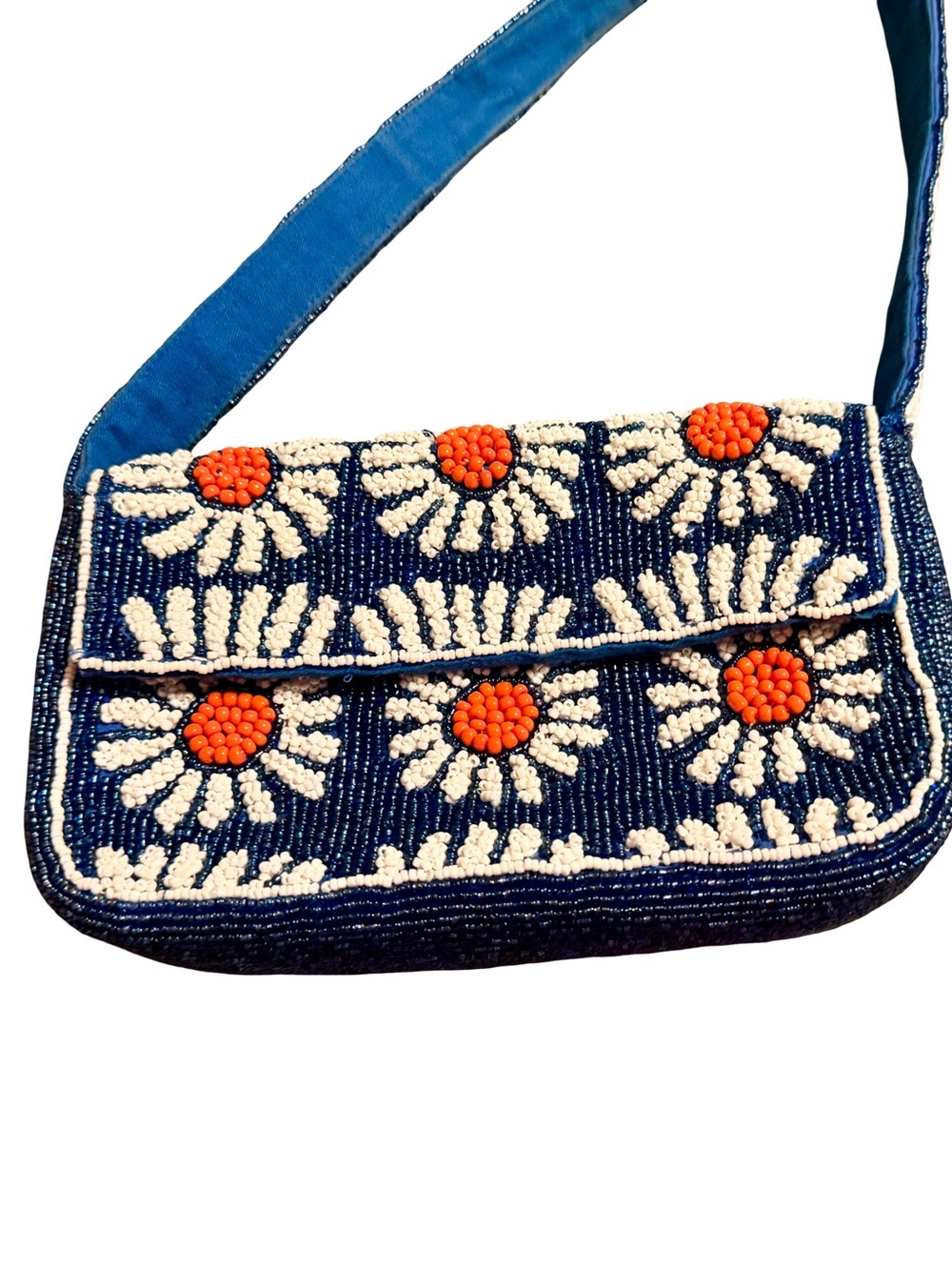 Source Unknown Navy Beaded Daisy Shoulder Bag with Orange Centers